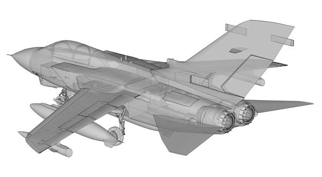 Silhuetas de caça a jato militar. Imagem de aeronaves em contorno desenhando linhas. A estrutura interna da aeronave. Renderização 3D.