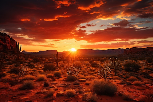Silhuetas de cactos no pôr do sol do deserto IA generativa