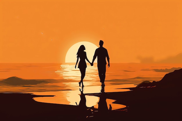 Silhuetas de casal na imagem gerada pela tecnologia AI da praia do sol