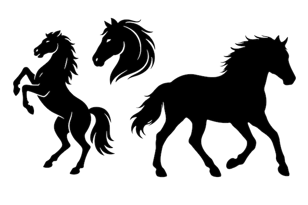 Silhuetas de cavalos pretos isoladas em fundo branco