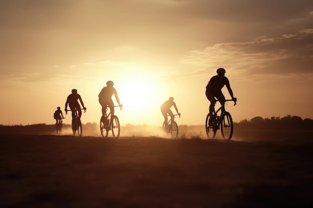 Silhuetas de ciclistas profissionais na estrada ao pôr do sol Generative AI