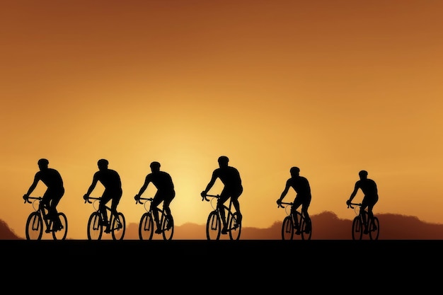 Silhuetas de ciclistas profissionais na estrada ao pôr do sol Generative AI