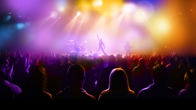 Silhuetas de concertos de rock se aglomeram em frente a luzes de palco coloridas e brilhantes