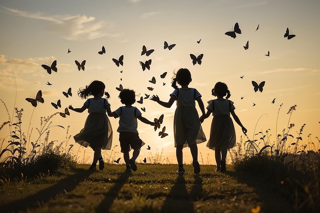 Silhuetas de crianças brincando lá fora perseguindo borboletas