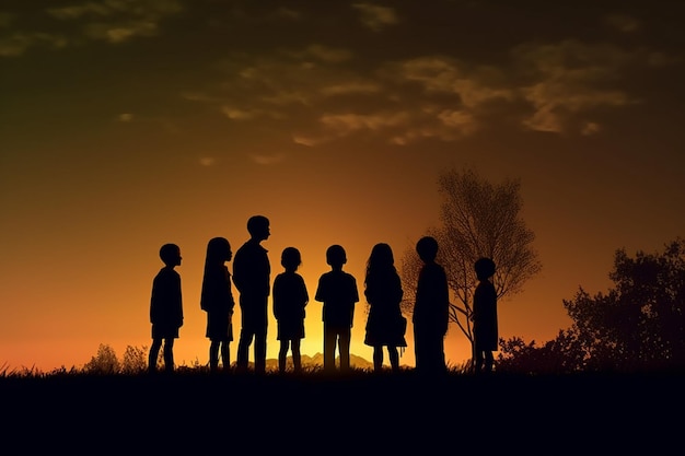 Silhuetas de crianças em fila ao pôr do sol