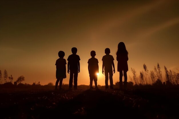 Silhuetas de crianças em pé em um campo ao pôr do sol