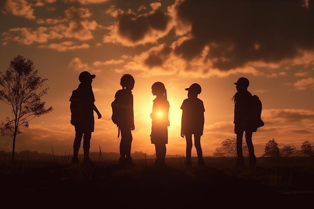 Silhuetas de crianças em pé em um campo com o sol se pondo atrás delas
