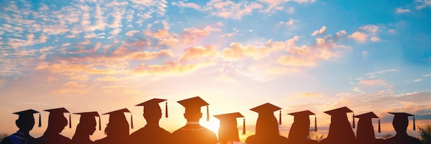 Foto silhuetas de estudantes vestindo bonés de formatura contra o céu ao pôr do sol