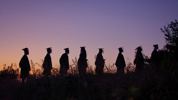 Foto silhuetas de estudantes vestindo bonés de formatura contra o céu ao pôr do sol