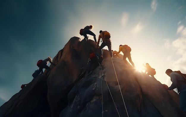 Silhuetas de grupo de pessoas no pico de alpinismo ajudam uns aos outros conceito