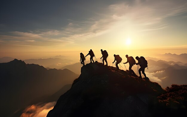 Silhuetas de grupo de pessoas no pico de alpinismo ajudam uns aos outros conceito