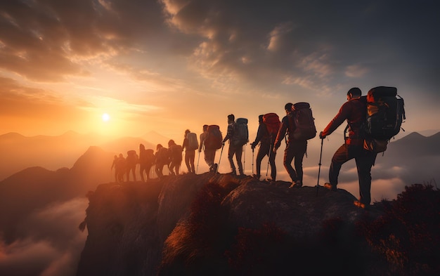 Silhuetas de grupo de pessoas no pico de alpinismo ajudam uns aos outros conceito