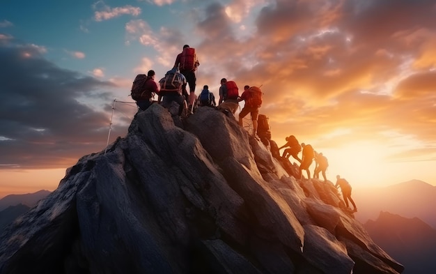 Silhuetas de grupo de pessoas no pico de alpinismo ajudam uns aos outros conceito