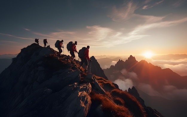 Silhuetas de grupo de pessoas no pico de alpinismo ajudam uns aos outros conceito