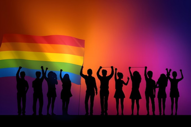 silhuetas de grupos de pessoas levantando a bandeira LGBT com as mãos no ar Rede neural gerada em maio de 2023 Não baseado em nenhuma cena ou padrão de pessoa real