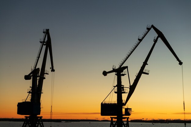 Foto silhuetas de guindastes no porto à noite ao pôr do sol