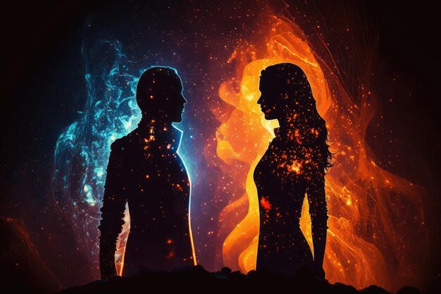 Silhuetas de homem e mulher de corpo astral frente a frente arte gerada por IA de rede neural