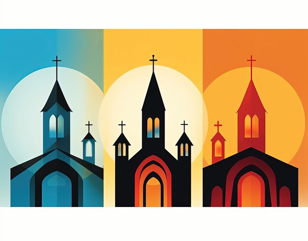 Silhuetas de igrejas em cores diferentes no estilo de elementos de desenho animado