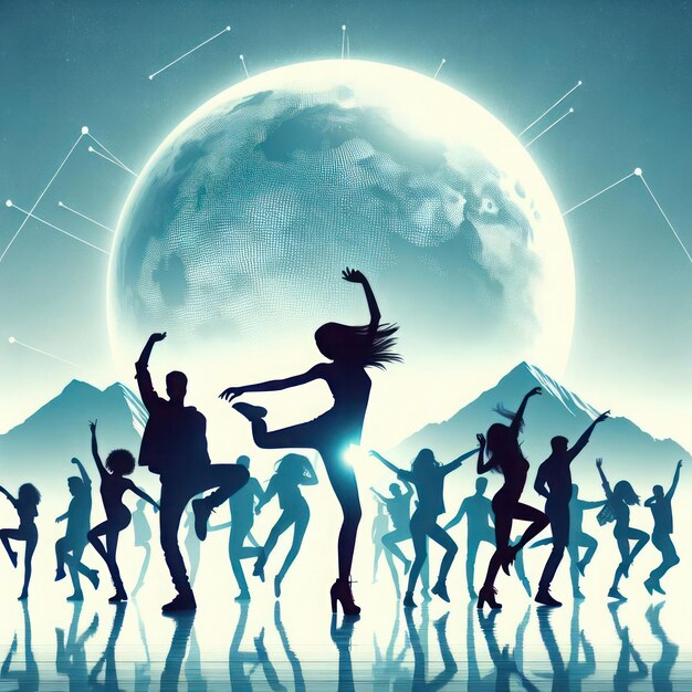 Foto silhuetas de jovens dançando contra o fundo da lua cheia
