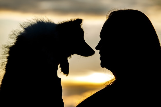 Foto silhuetas de mulher e cachorro nas nuvens do sol.