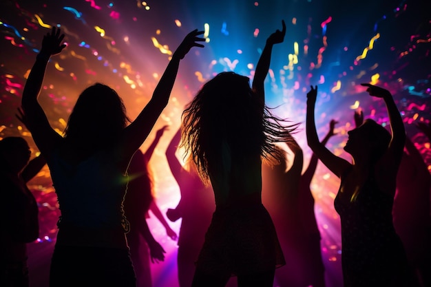 Silhuetas de mulheres dançando em frente a um fundo colorido de discoteca.