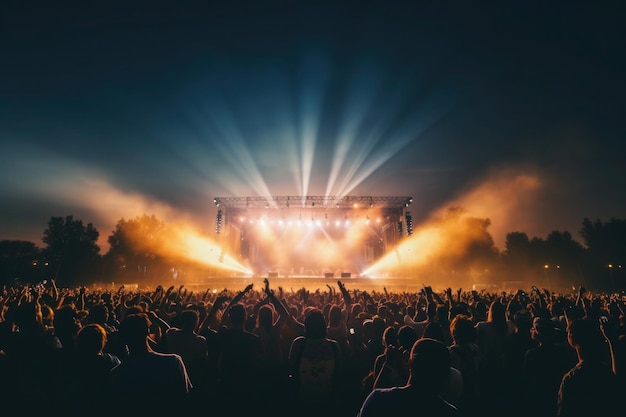 Silhuetas de multidão em concerto na frente do palco com spotlights brilhantes Sala de concertos com músicos no palco e fãs durante o festival de música