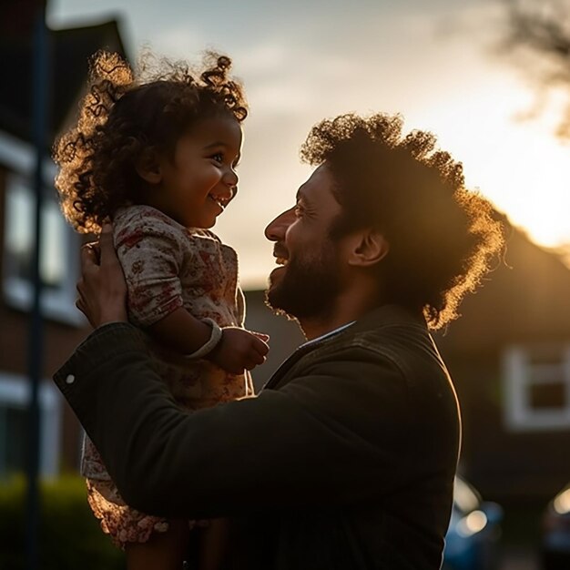 Foto silhuetas de pai e filha brincam ao pôr do sol