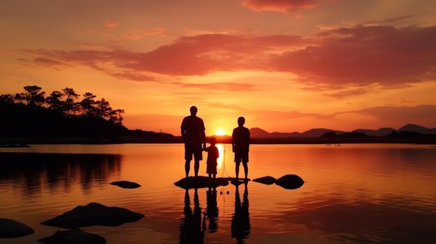 Silhuetas de pai e filho pescando juntos no pôr-do-sol