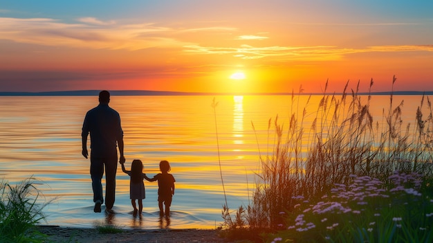 Silhuetas de pai e filhos contra o pôr-do-sol no lago