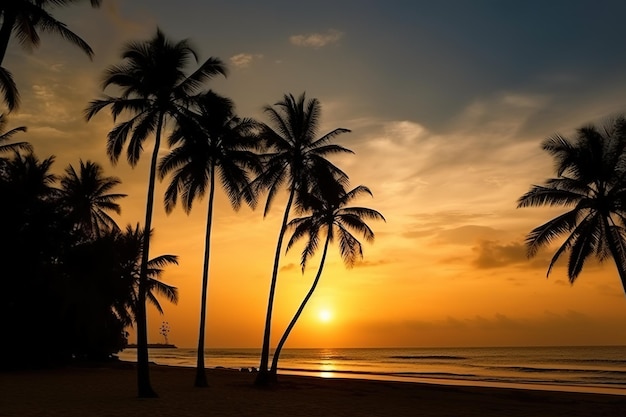 Silhuetas de palmeiras na praia tropical ao pôr do sol Ai generative