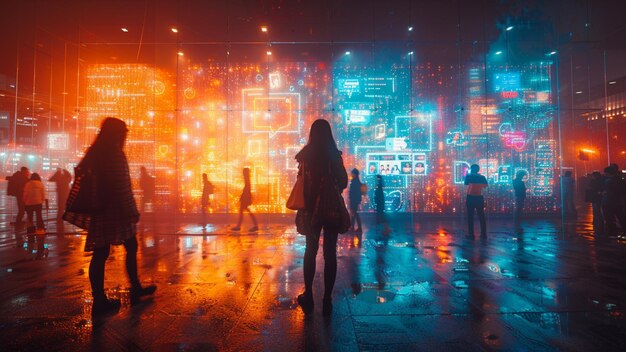 Silhuetas de pessoas caminhando pela cidade à noite com luzes de néon