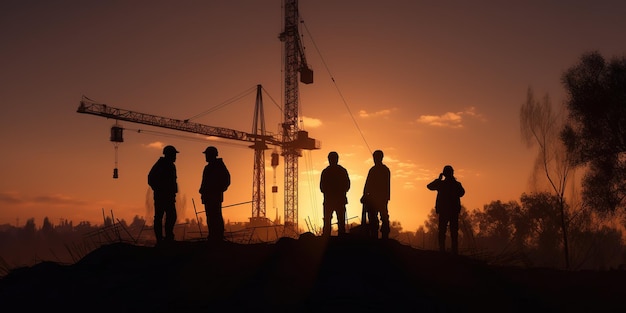 Silhuetas de pessoas em frente a um canteiro de obras