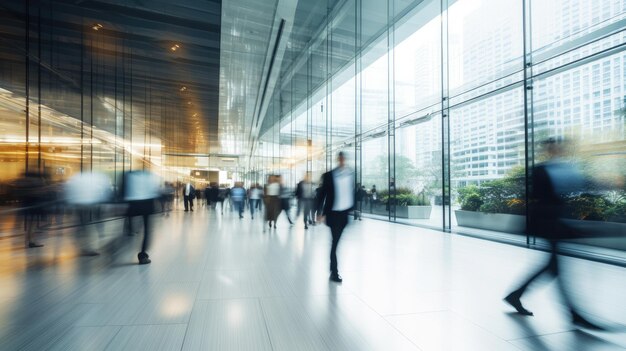 Silhuetas de pessoas em ternos de negócios em um grande edifício de vidro claro Movimento desfocado de empresários apressados gerentes em um escritório moderno centro de negócios estação de trem do aeroporto