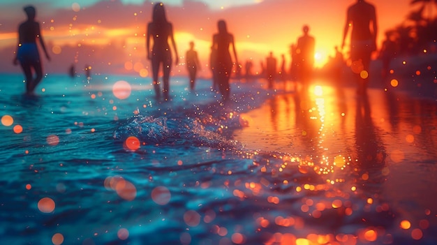 Silhuetas de pessoas na praia caminhando na água ao pôr do sol