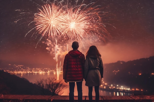 Silhuetas de pessoas olhando para fogos de artifício coloridos no céu noturno Generative AI