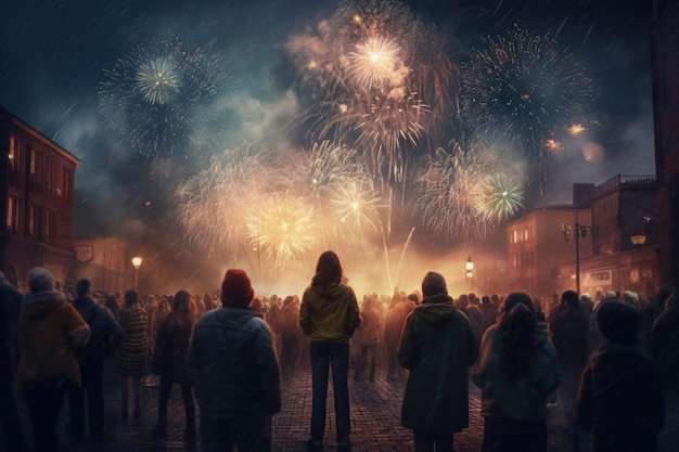 Silhuetas de pessoas olhando para fogos de artifício coloridos no céu noturno Generative AI