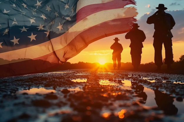 Foto silhuetas de soldados dos estados unidos com a bandeira da nação em um fundo de pôr-do-sol dia do memorial dia da independência