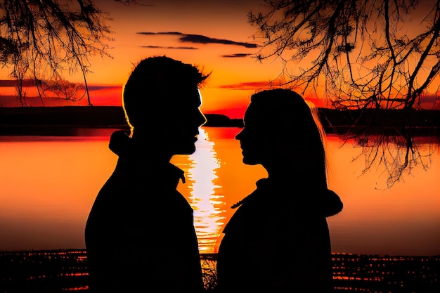 Silhuetas de um homem e uma menina ao pôr do sol Generative AI Generative AI