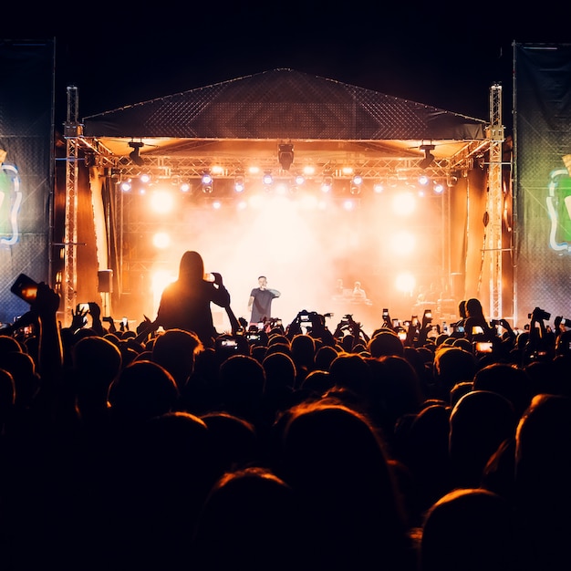 Silhuetas de uma cabeça e mãos de uma multidão de fãs em um concerto ao vivo