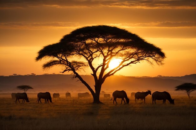 Foto silhuetas do pôr do sol do safari arco