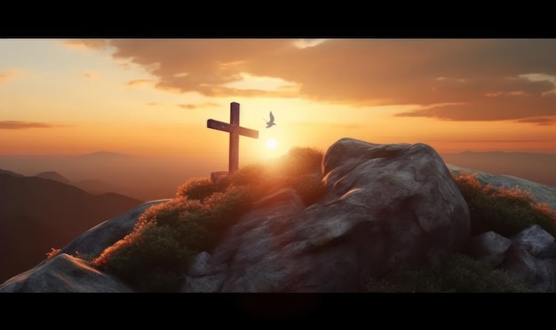 Foto silhuetas do símbolo do crucifixo no topo da montanha com luz solar ia geradora