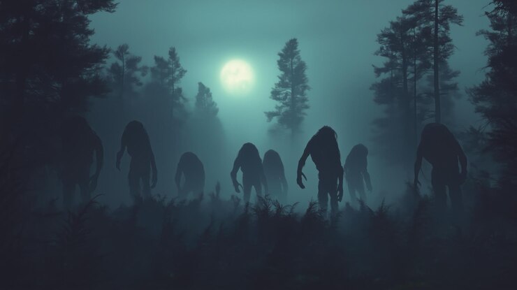 Foto silhuetas escuras de monstros caminhando por uma floresta nebulosa sob uma lua cheia.