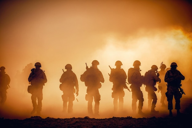 Silhuetas geradas por IA de soldados do exército atacando na fumaça contra a equipe de fuzileiros navais do pôr do sol em ação