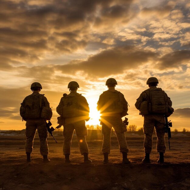 silhuetas militares de soldados contra o pano de fundo do céu ao pôr do sol