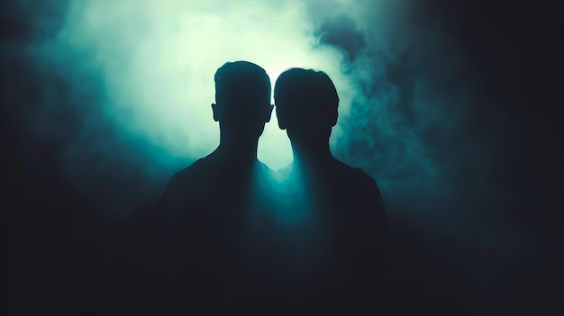Foto silhuetas místicas na névoa duas figuras em luz nebulosa atmosfera humorística conceito etéreo tons escuros perfeitos para fundos dramáticos ia