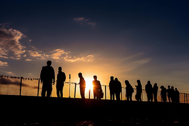 Silhuetas negras de refugiados em pé ao longo da fronteira com cerca de arame farpado ao pôr do sol Conceito de crise migratória