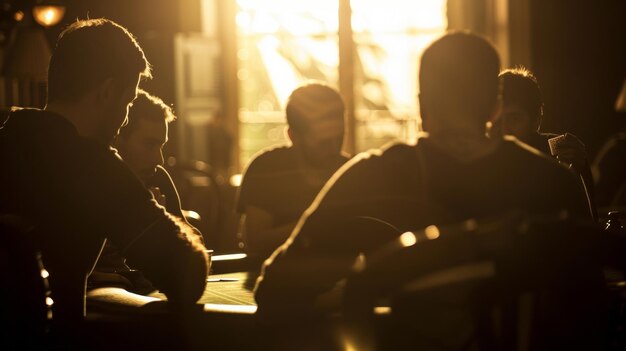 Silhuetas suavemente desenfocadas de jugadores reunidos alrededor de una mesa de blackjack sus rostros revelando un