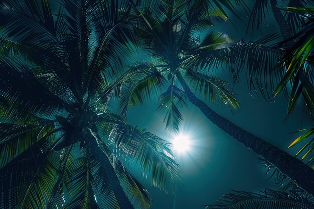 Foto silhuetas tropicais de pôr-do-sol de palmeiras contra as ondas pastel do oceano