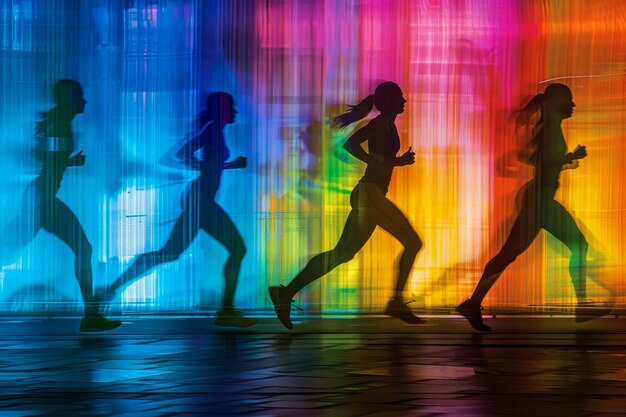 Silhuetas vibrantes de corredores em movimento contra um fundo colorido e iluminado