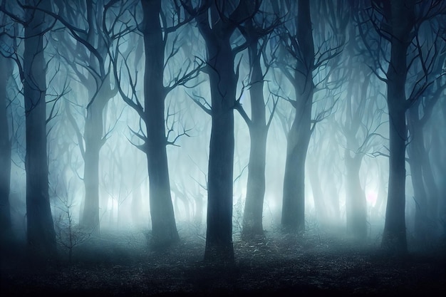 Silhuettes de árboles oscuros en un bosque encantado en la niebla nocturna y un misterioso resplandor 3D ilustración digital